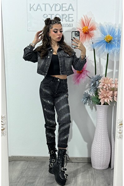 KATYDEA STORE Jeans Baggy Fit grey with rhinestone studs Tamarra