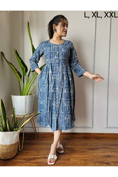 IndHeritage Premium dark blue colour dress with bagru prints for women