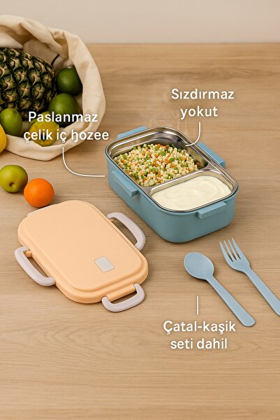 Sowo Home Çelik Beslenme Kabı 2 Bölmeli, Çatal Kaşıklı ,Hava Kilitli, Mikroda...