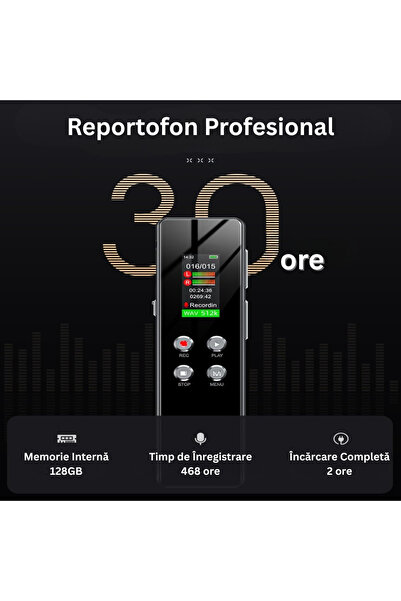 Velixo Επαγγελματική συσκευή εγγραφής φωνής, έγχρωμη οθόνη, 128GB, MP3/WAV, μείωση θορύβου, ενεργοποίηση φωνής, USB-C
