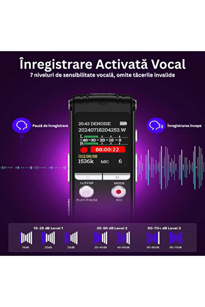 Velixo Επαγγελματική συσκευή εγγραφής φωνής, οθόνη 1,44", 64GB, MP3/WAV, μείωση θορύβου, ενεργοποίηση φωνής, USB-C