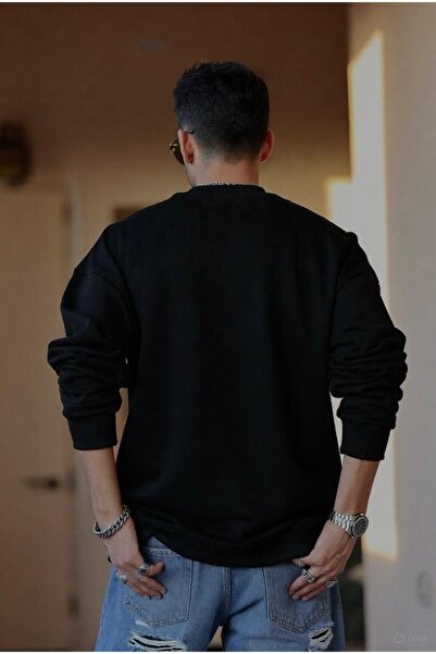 SELENA BUTİK Unisex Crew Neck Plain Black Sweatshirt