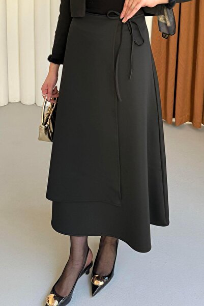 Modaensarbutik Yandan Bağlamalı Katlı Scuba Etek-SİYAH