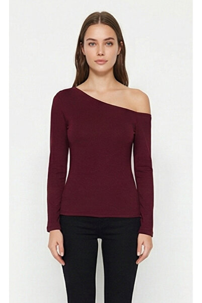 peralist Γυναικεία ασύμμετρη μπλούζα με γιακά ελαστικό ύφασμα από ελαστικό ύφασμα μπορντό