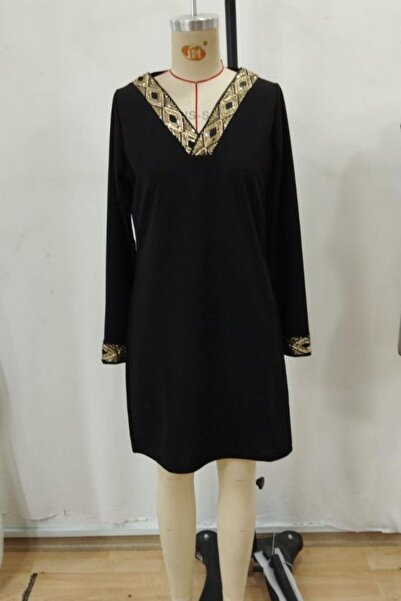 Mossta Μίνι φόρεμα από εισαγόμενο κρεπ με λεπτομέρεια με παγιέτες με λαιμόκοψη σε σχήμα V και μακριά μανίκια - Μαύρο