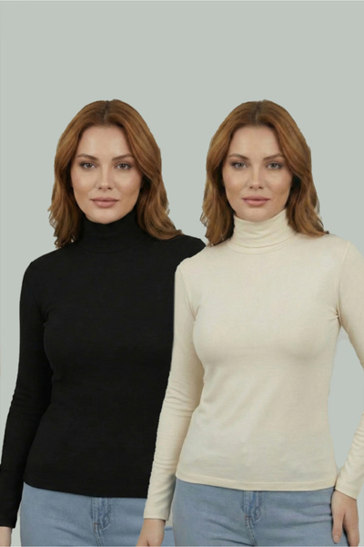 nacar çarşı Kadın 2'li Likralı Esnek Yarım Balıkçı Uzun Kollu Siyah - Krem Badi