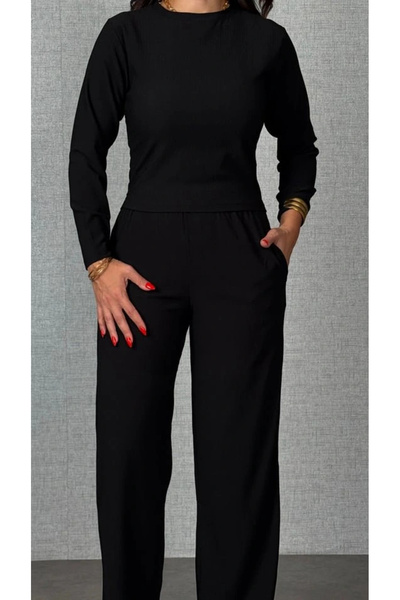 Butik Women's Long Sleeve Crew Neck Wrinkled Blouse and Pants Two-Piece Set