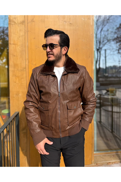 Avni Ceylan Fur Collar Modern Men's Leather Coat