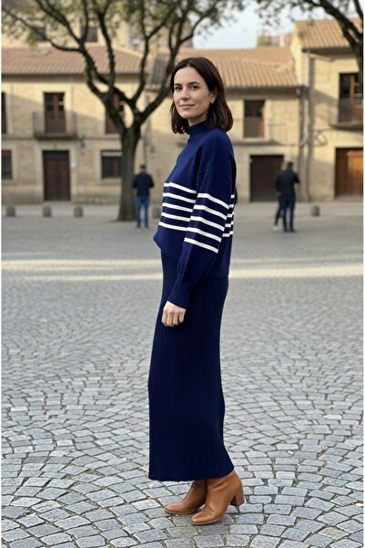 YusGos Women's Transverse Thin Stripe Pattern Sweater Dress