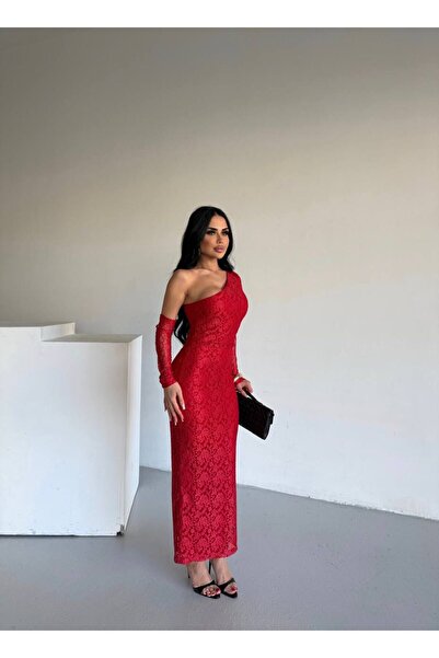 sajarsln Embossed Lace Patterned One Sleeve Detachable Full Stretch Fabric One Shoulder Strapless Maxi Length Dress