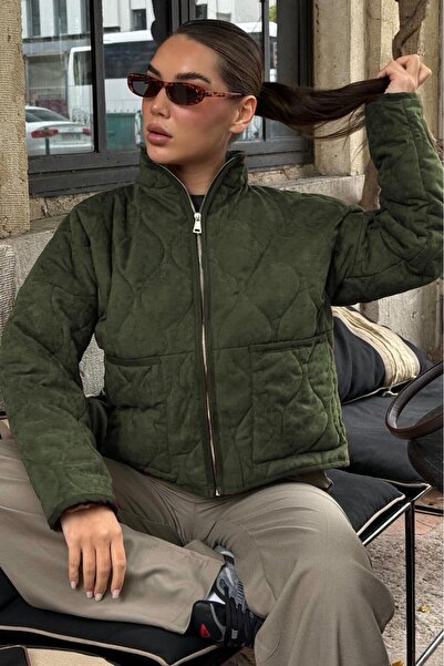 ELBA STİL Khaki Mock Neck Quilted Women's Coat Mg2568