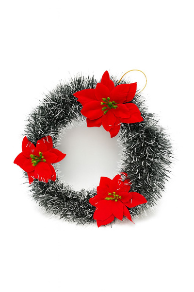 BaoBao CUNUNIȚĂ DECORATIVĂ DE CRĂCIUN CU GHIRLANDĂ ARGINTIE ȘI POINSETTIA ROȘIE, 30cm