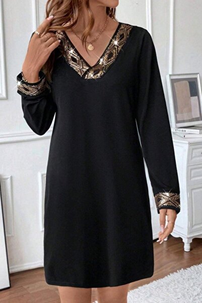 Mossta Μίνι φόρεμα από εισαγόμενο κρεπ με λεπτομέρεια με παγιέτες με λαιμόκοψη σε σχήμα V και μακριά μανίκια - Μαύρο