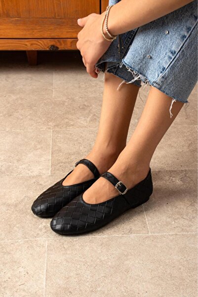 dabab shoes LÉVANA Γυναικεία Μαύρα Πλεκτά Παπούτσια με Πόρπη με Στρογγυλή Μύτη Mary Jane Flat παπούτσια