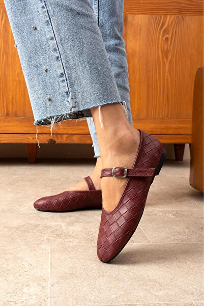 dabab shoes Lévana Women's Burgundy Knitted Textured Buckle Round Toe Mary Jane Ballet Flat Shoes
