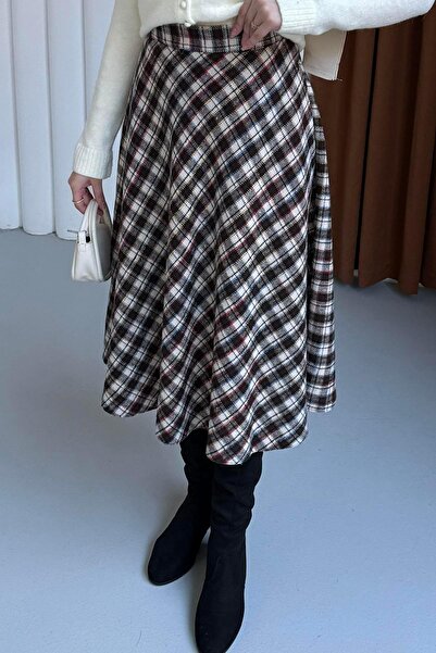 Modaensarbutik Ekose Desenli Verev Etek-EKRU