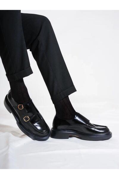 TETRİ 0K575 Model Genuine Leather Handmade Men's Black Open Casual Shoes