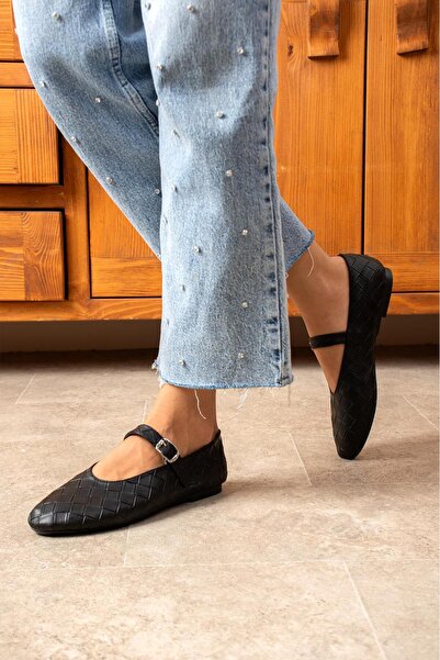 dabab shoes LÉVANA Γυναικεία Μαύρα Πλεκτά Παπούτσια με Πόρπη με Στρογγυλή Μύτη Mary Jane Flat παπούτσια