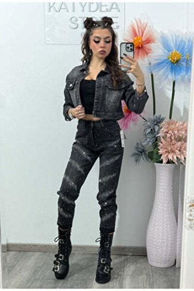 KATYDEA STORE Jeans Baggy Fit grey with rhinestone studs Tamarra