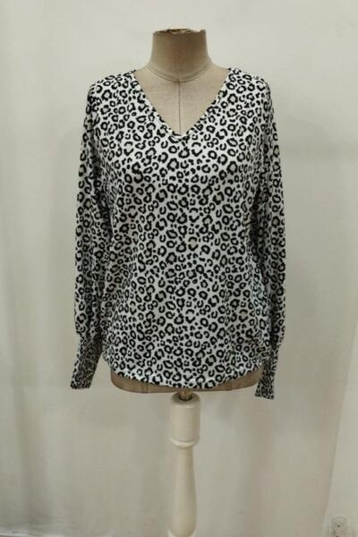 Mossta V-Neck Elastic Cuffed Balloon Sleeve Single Jersey Blouse - Leopard