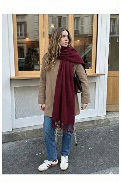 Köstebek Burgundy Soft Textured Tasseled Oversized Shawl Scarf
