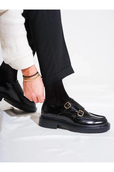 TETRİ 0K575 Model Genuine Leather Handmade Men's Black Open Casual Shoes