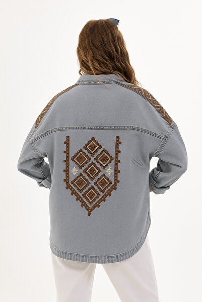 ESB Design Women's Blue Pocketed Ethnic Seasonal Buttoned Long Denim Embroidered Jeans Jacket A36-085