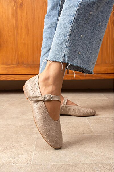 dabab shoes Lévana Women's Beige Knitted Textured Buckle Round Toe Mary Jane Ballet Flat Shoes