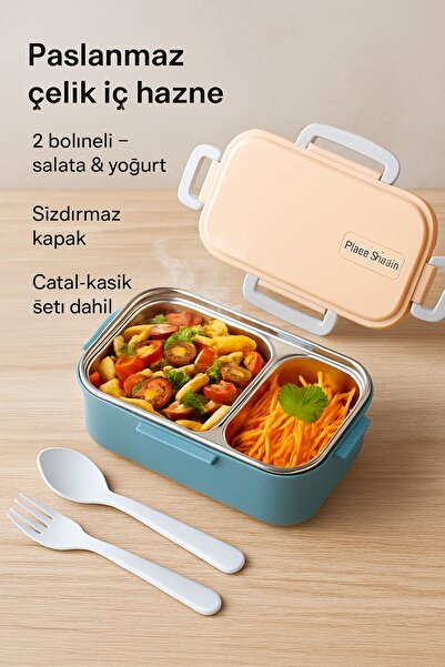Sowo Home Steel Lunch Box 2 Compartments, with Fork Spoon, Air Lock, Microwav...