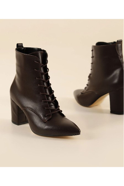 Afilli Γυναικεία παπούτσια με χοντρό τακούνι από λουστρίνι με μυτερή μύτη με φερμουάρ και κορδόνια, κομψά χειμερινά παπούτσια μισό μποτάκι