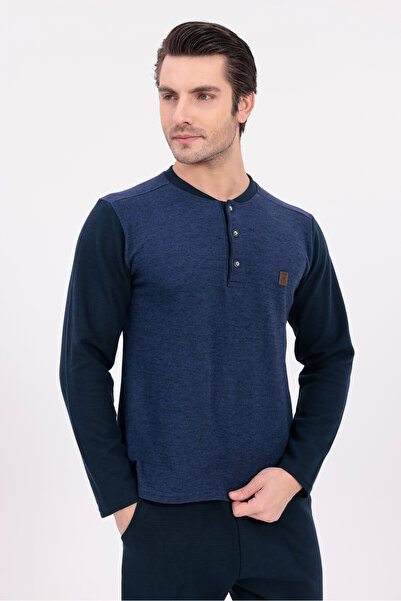 BLACKMORE Men's Blue Jacquard Winter Long Sleeve Cotton Men's Pajama Set