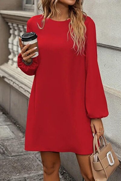 Mossta Minimalist Crew Neck Straight Cut Mini Imported Crepe Dress - Red