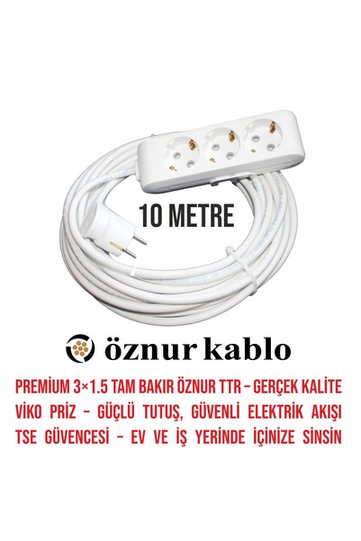 Aryes 3’lü 10 Metre Tam Bakır TSE Belgeli Uzatma Kablosu – Öznur TTR