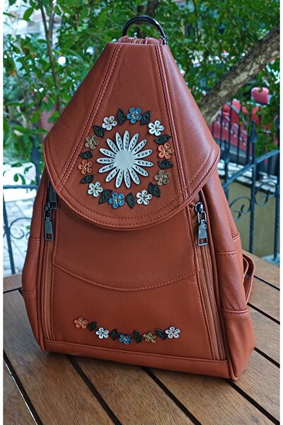 Durush Collection Genuine Leather, Designer Hand-Embroidered Tan Color Backpack