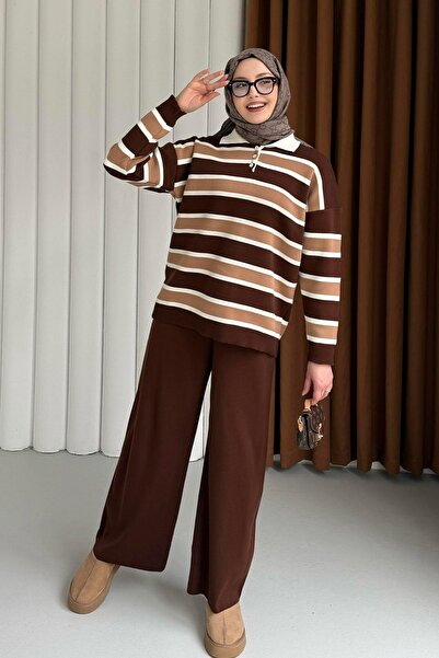 Modaensarbutik Çizgili Polo Yaka Pantolonlu Triko Tesettür Takım-KAHVERENGİ