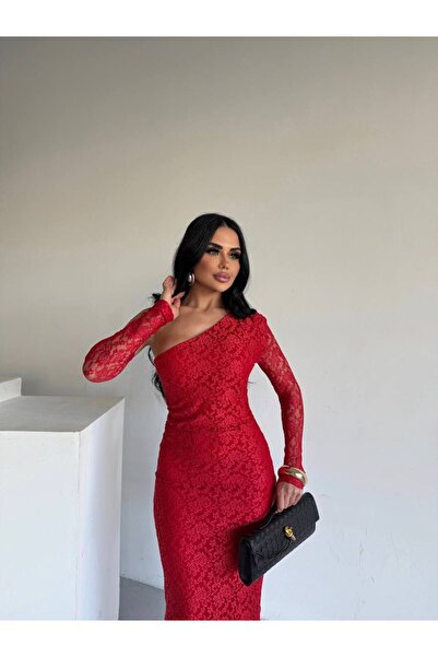 sajarsln Embossed Lace Patterned One Sleeve Detachable Full Stretch Fabric One Shoulder Strapless Maxi Length Dress