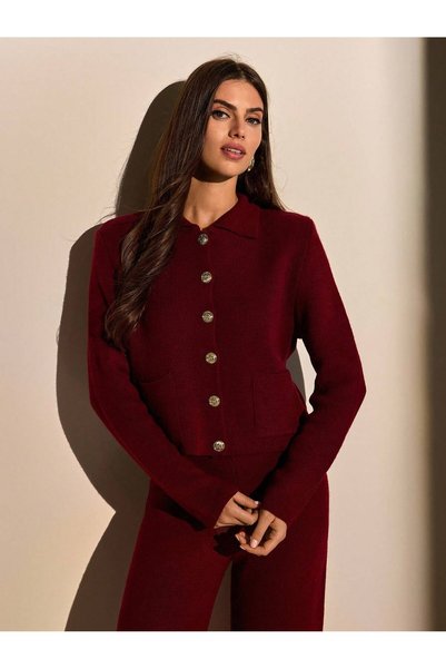 ARMİSSA TKM0012 Women's Jacket Collar Tweed Gold Buttoned Pocketed Cardigan-Trousers Knitwear Top and Bottom Set