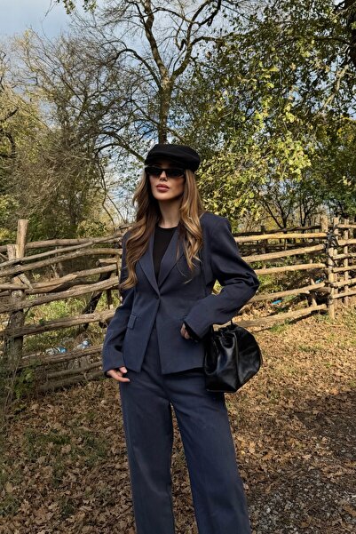 Laluvia Navy Blue Single Button Jacket Pants Set - 9480