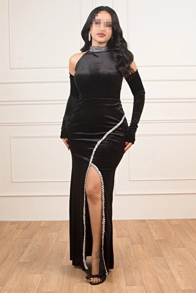 Mo Black velvet fitted dress with side crystals