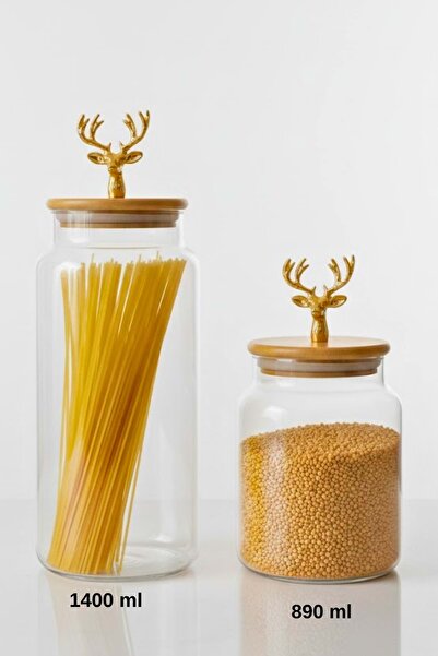 Jenisa 2-Piece Gold Metal Deer Figured Glass Jar with Bamboo Lid – Storage Container 1400ml + 890 ml