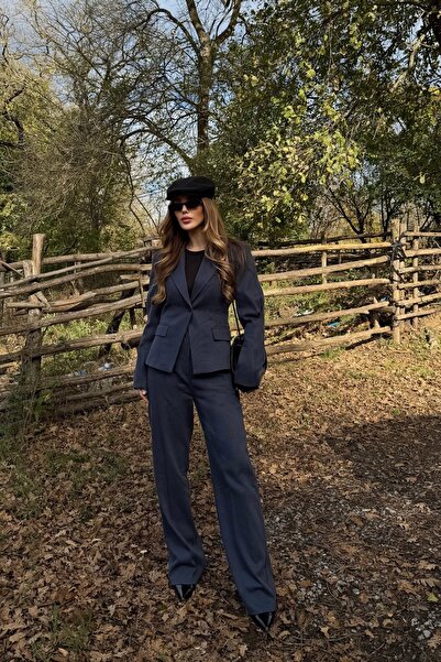 Laluvia Navy Blue Single Button Jacket Pants Set - 9480