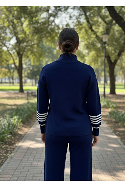 YusGos Women's Stripe Detailed Bottom Top Pants Sweater Knitwear Set