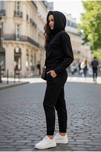 YusGos Women's Zippered Stretch Fabric Modal Fabric Embossed Patterned Hooded High Quality Slim Tracksuit Set