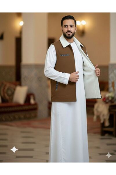 LUXURY Men's winter vest, double-sided, with a traditional Sadu design and elegant fur collar.