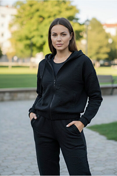 YusGos Women's Zippered Stretch Fabric Modal Fabric Embossed Patterned Hooded High Quality Slim Tracksuit Set