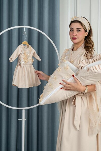 obejana Beige Mother & Baby Reception Set - Stretch Taffeta Dress, Baby Outfit & Padded Mat