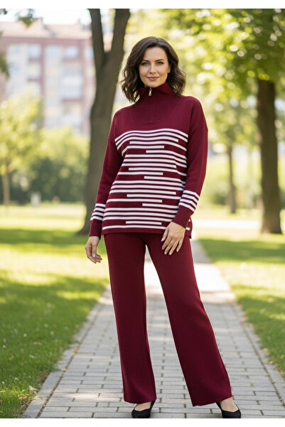 YusGos Women's Stripe Detailed Bottom Top Pants Sweater Knitwear Set