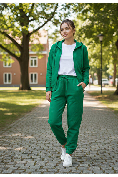 YusGos Women's Zippered Stretch Fabric Modal Fabric Embossed Patterned Hooded High Quality Slim Tracksuit Set