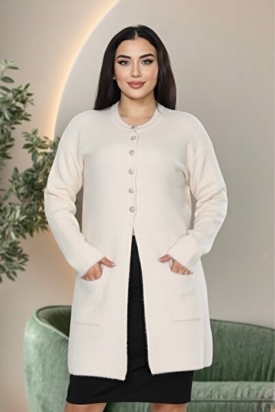 İmran Triko Knee Length Beard (Soft) Yarn Jacket - Two-Pocket Knitwear Sweater New Season Elegance