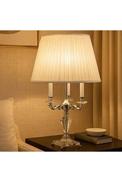 GENERAL مصباح طاولة طربوش مع غطاء قماشي، قاعدة كريستال شفافة، لمبة LED E27